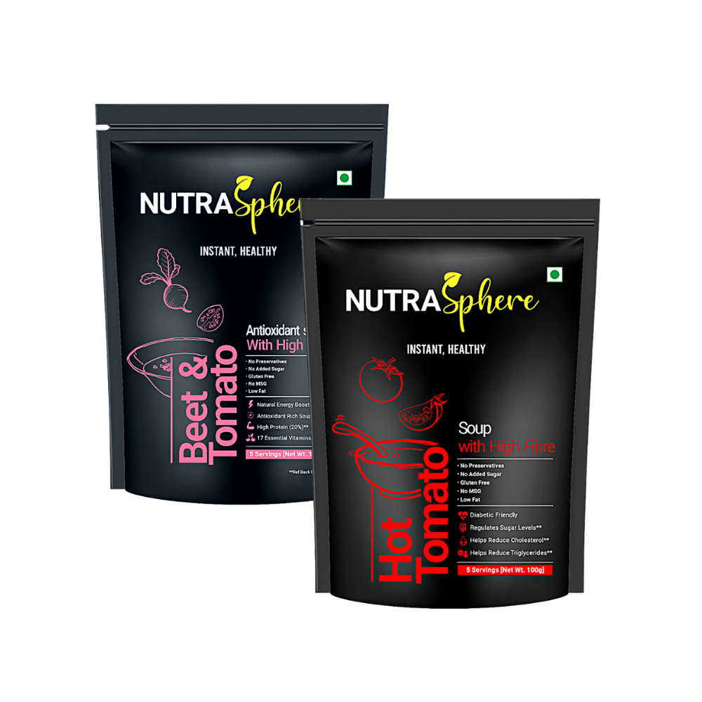 NutraSphere Combo of Hot Tomato Fiber Soup and Beet Tomato Soup Mix Powder (10 Servings each - Each 200g)