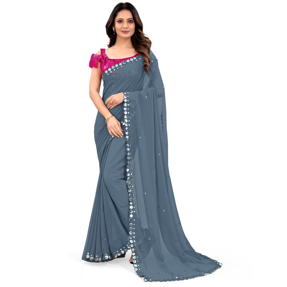 
                  
                    Georgette Grey Colour Saree with Readymade Blouse
                  
                