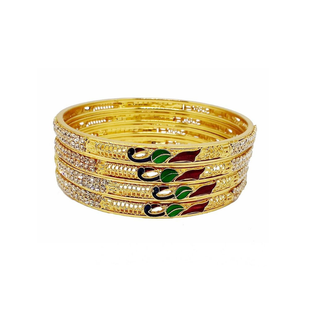 Gold Plated Peacock White Stone Bangles (Set of 4)