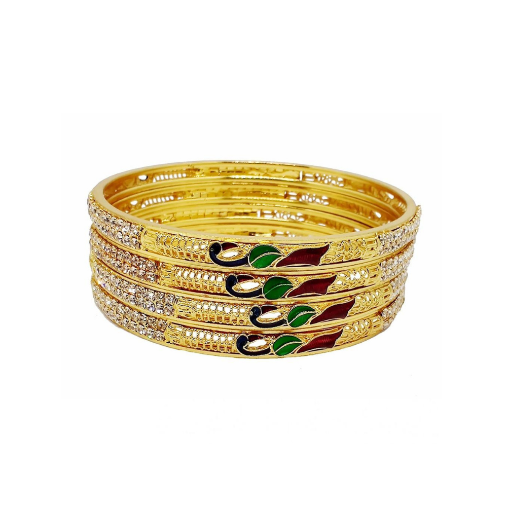 
                  
                    Gold Plated Peacock White Stone Bangles (Set of 4)
                  
                