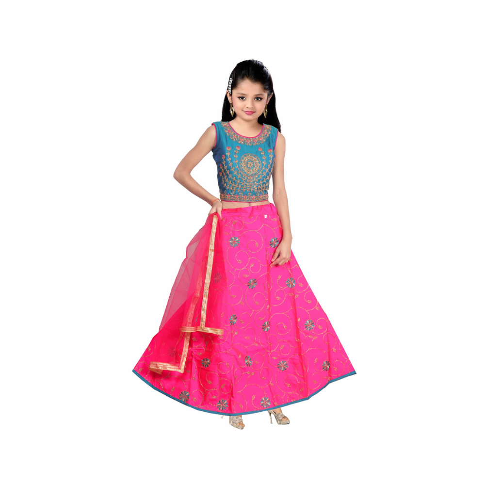 Buy Pink Weaving Jute Silk Kids Lehenga Choli Online