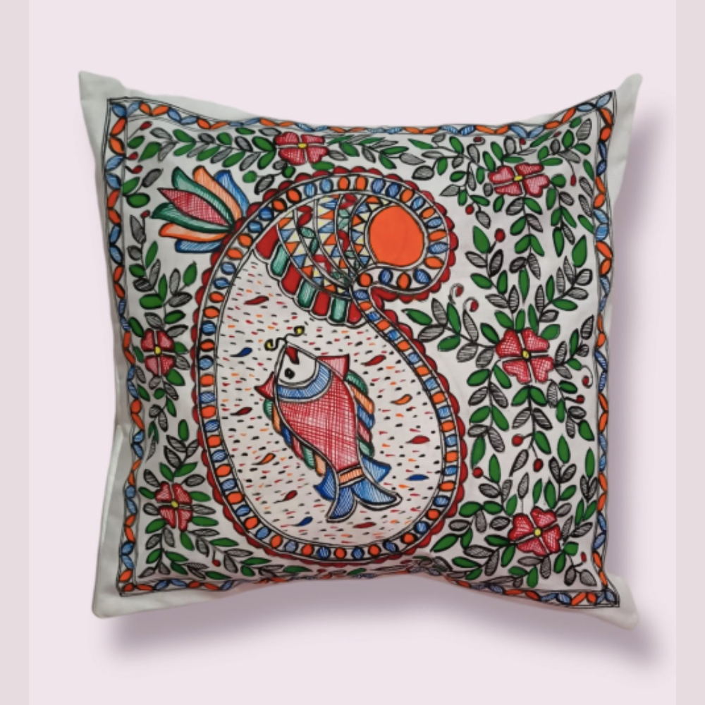 Mithila Madhubani Hand-Painted Pure Cotton Cushion Cover