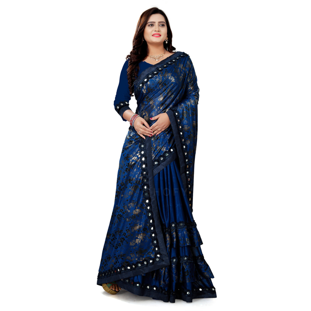 
                  
                    Foil Printed Blue Half and Half Ruffle Saree with Heavy Rakhdi Lace
                  
                