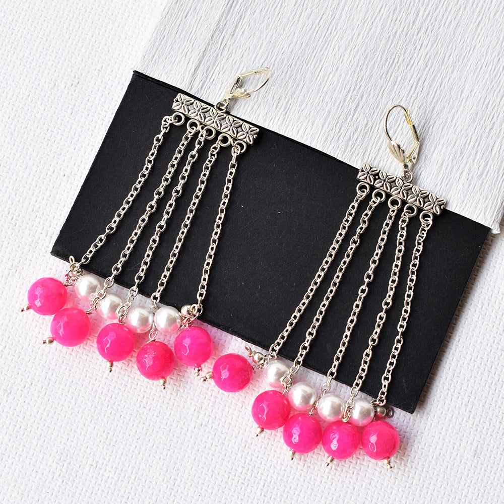 Pink Pearl Beads Chained Earrings