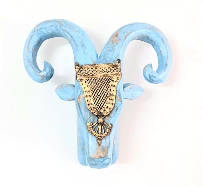 Hand Crafted Wooden Ram Head (Blue Distressed Finish)