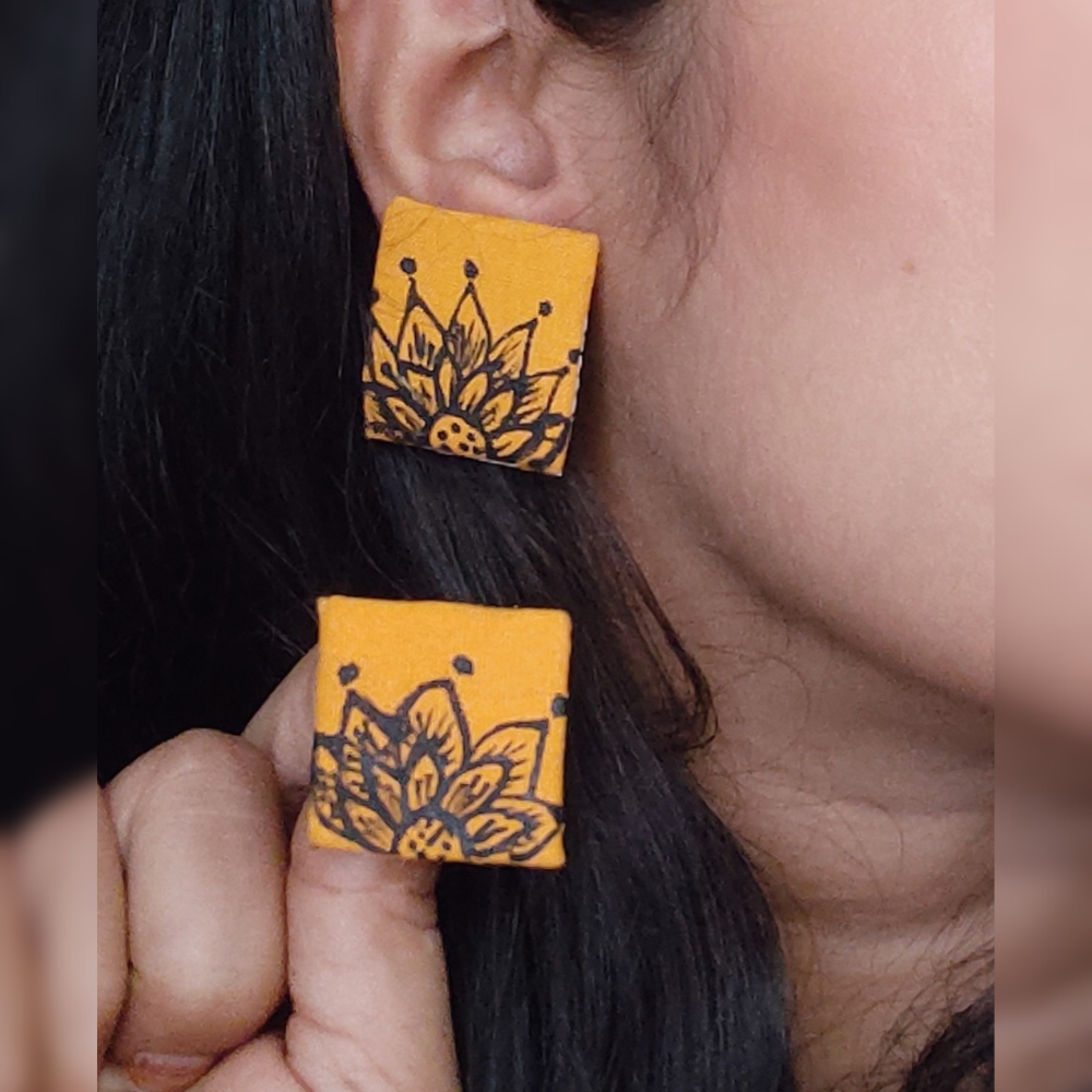 Hand-Painted Yellow Square Studs