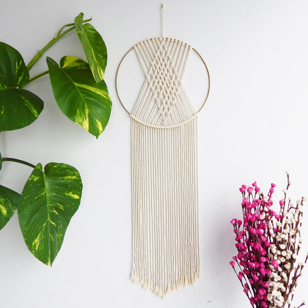 ecofynd Cross Pattern Macrame Dream Catcher with Golden Ring