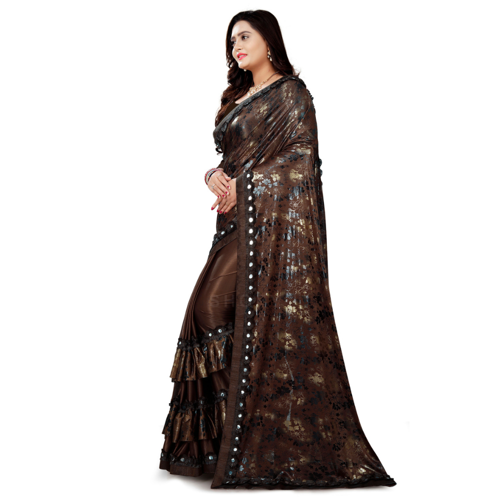 
                  
                    Foil Printed Brown Half and Half Ruffle Saree with Heavy Rakhdi Lace
                  
                