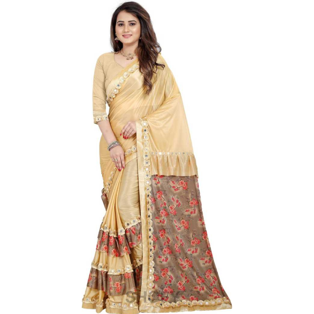 Digital Printed Beige and Brown Half and Half Ruffle Saree with Heavy Rakhdi Lace