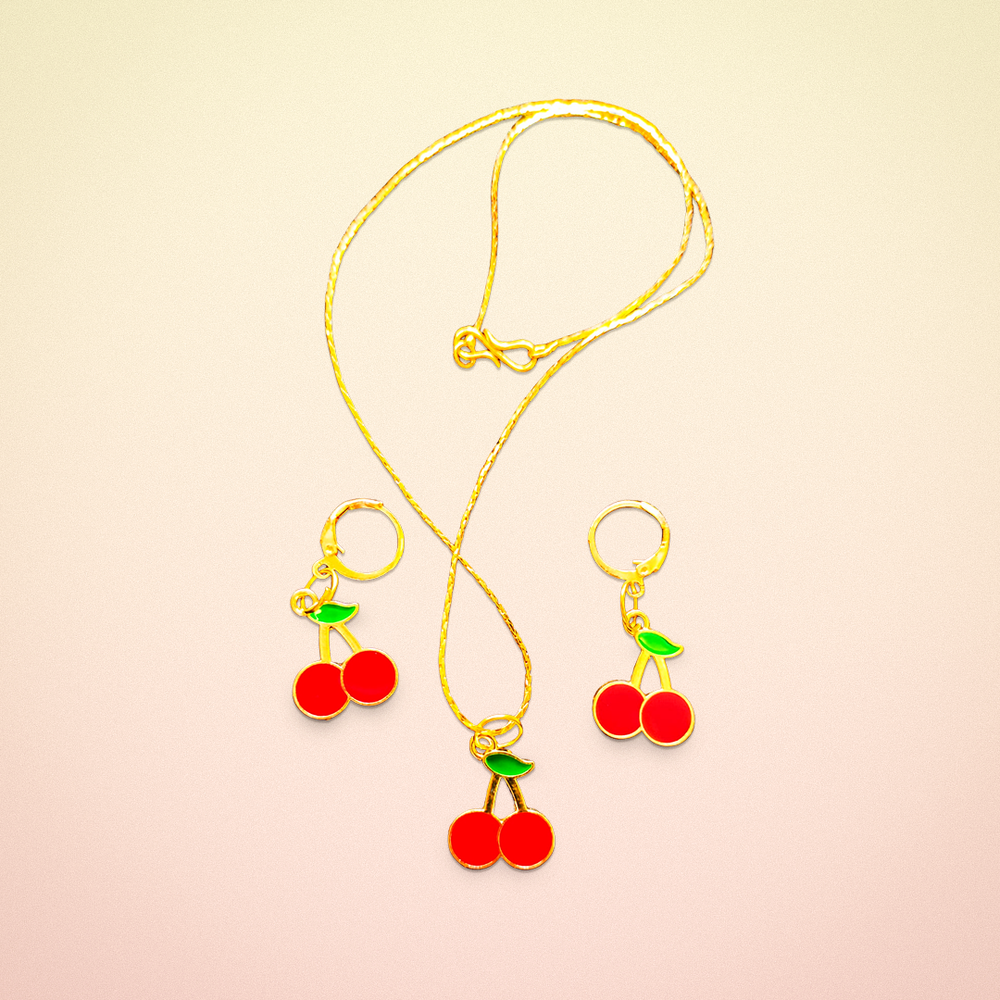 Cherry Pendant & Golden Chain Set
