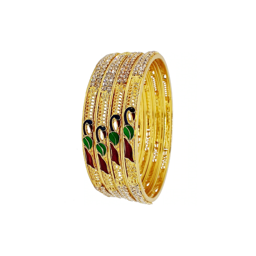 
                  
                    Gold Plated Peacock White Stone Bangles (Set of 4)
                  
                