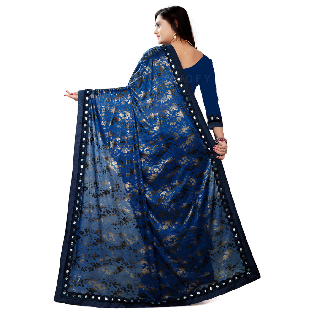 
                  
                    Foil Printed Blue Half and Half Ruffle Saree with Heavy Rakhdi Lace
                  
                