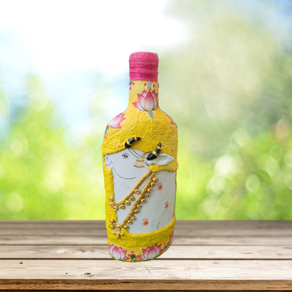 The Yellow Pichwai Cow Bottle Art