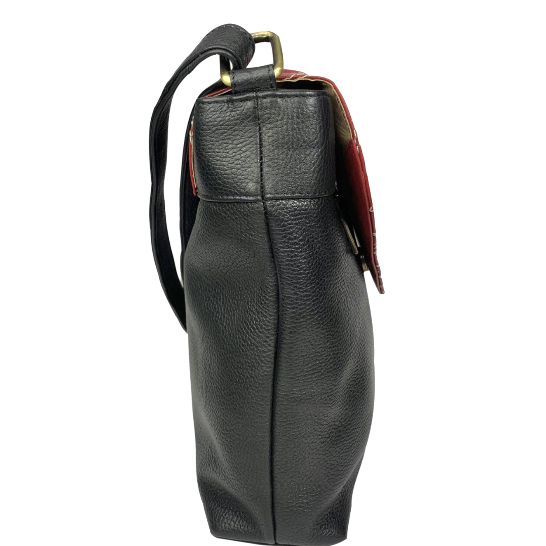 
                  
                    Women Black Red Textured Leather Sling Bag
                  
                
