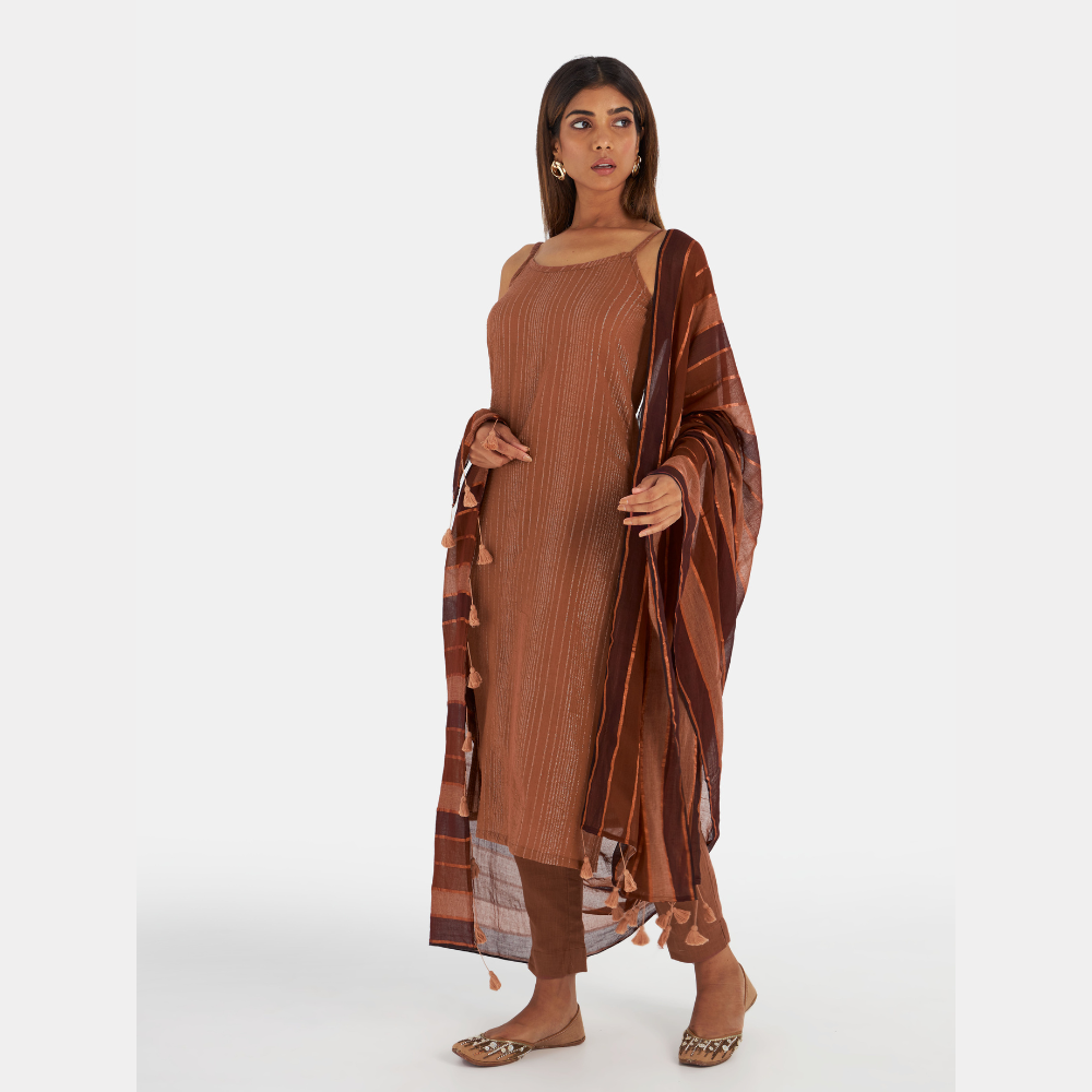 
                  
                    Women's Brown Cotton Blend Striped Kurta Set
                  
                
