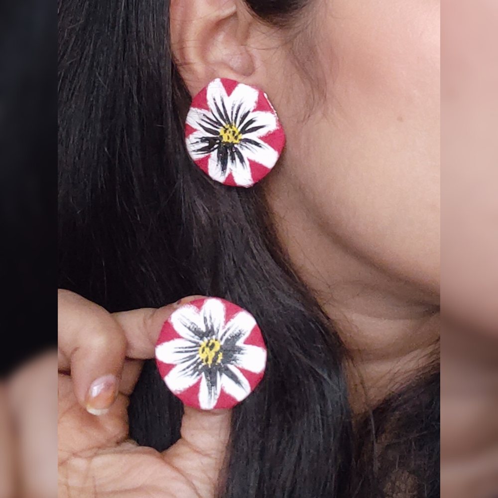 Hand-Painted Flower Red Studs