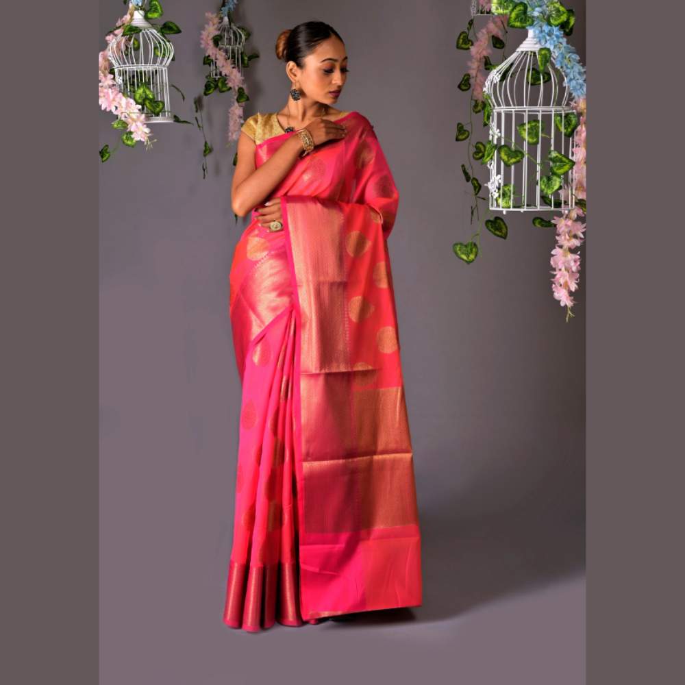 
                  
                    Banarasi Baby Pink Cotton Azeez Silk Saree
                  
                