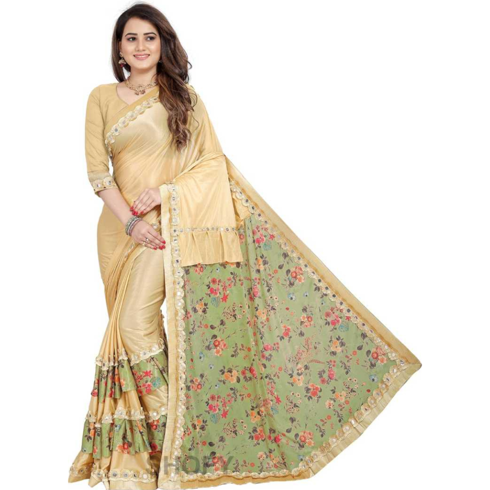 
                  
                    Digital Printed Light Green and Beige Half and Half Ruffle Saree with Heavy Rakhdi Lace
                  
                