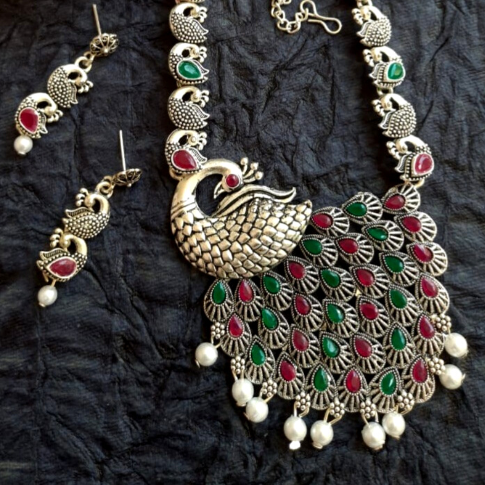 Womens Pride Gold American Diamond Peacock Pendant Mangalsutra Set with  Earrings Black Beads Single