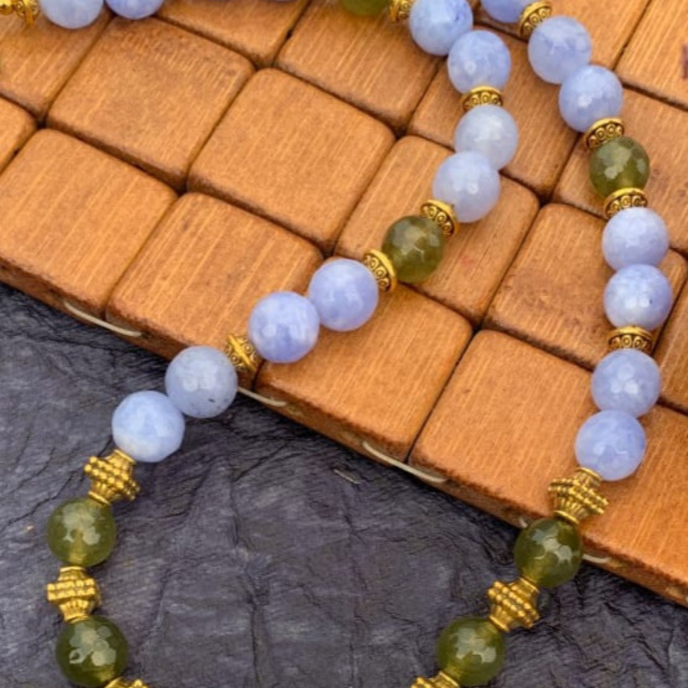 
                  
                    Baby Blue and Olive Green Agate Beads Necklace
                  
                