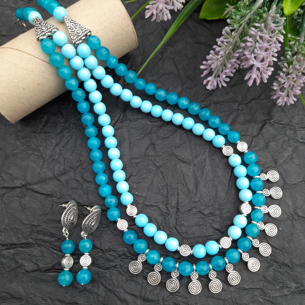 Double Layer Mixed Blue Agate Beads Necklace Set