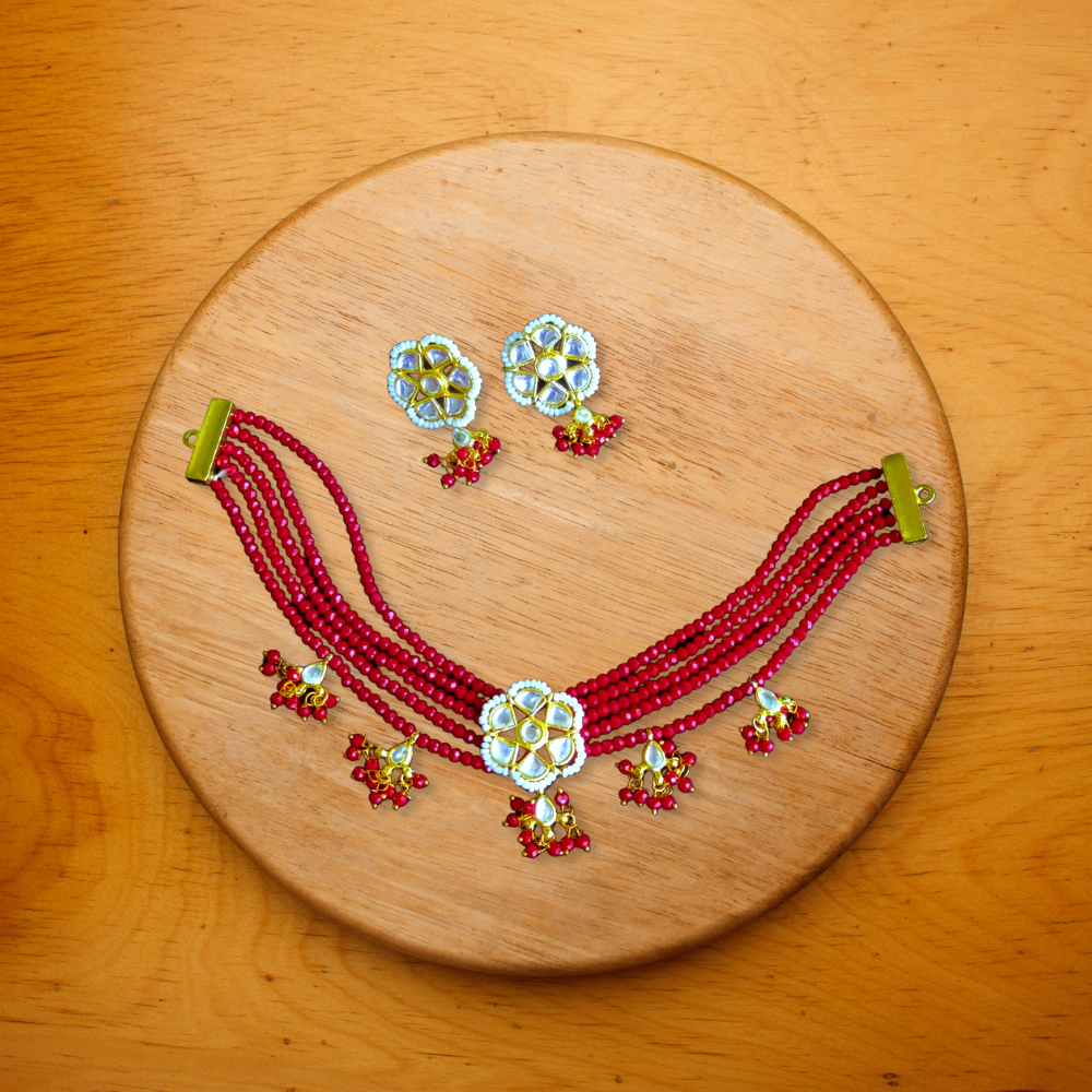 Vedaj Kundan Maroon Beads Choker Necklace Set