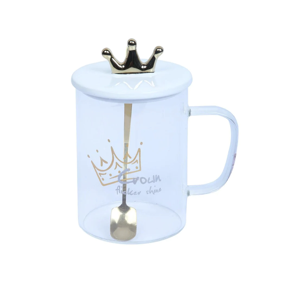 Crown Glass Coffee & Tea Mug with Lid & Spoon (450ml)