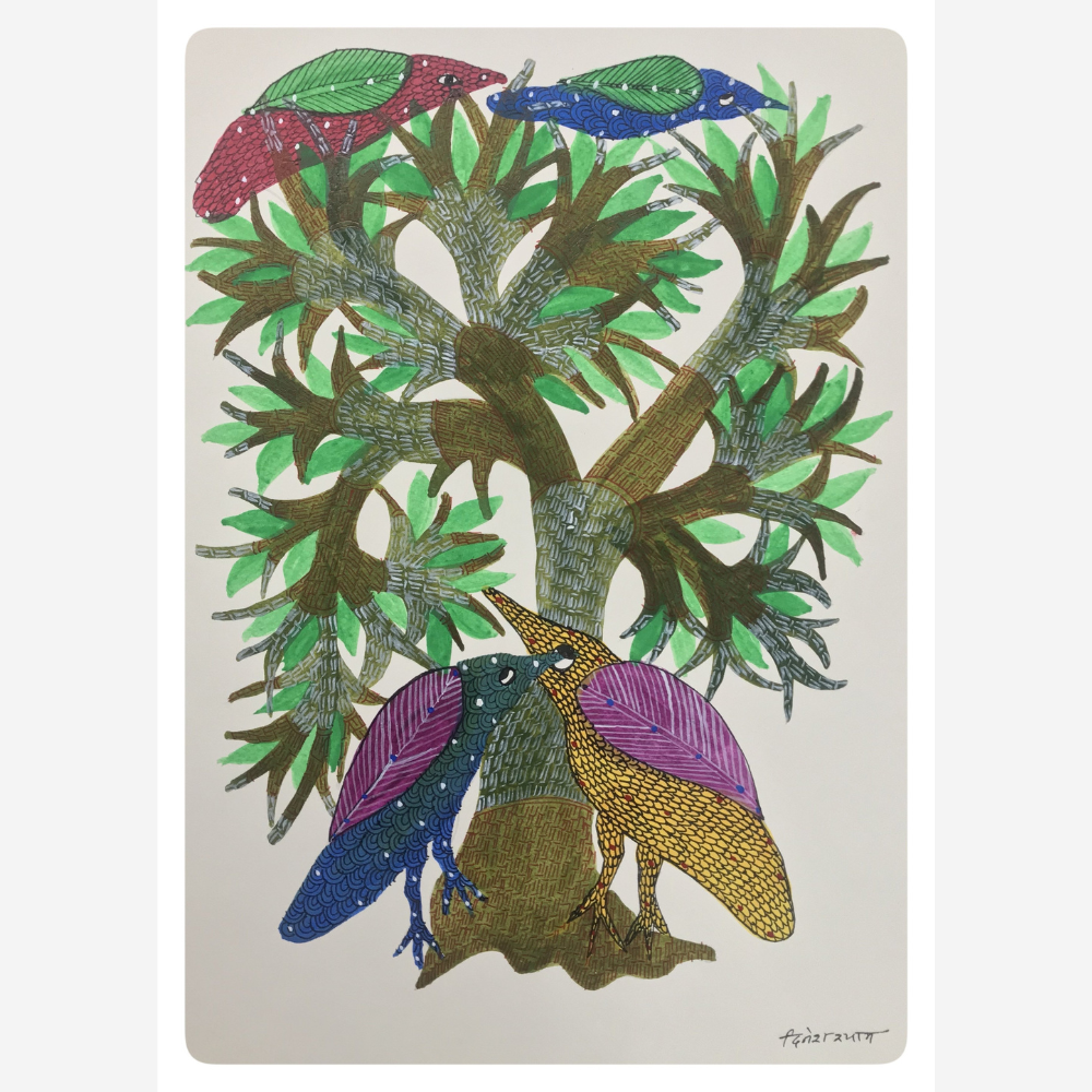 
                  
                    Traditional Gond Art Birds on & under the Tree Painting
                  
                