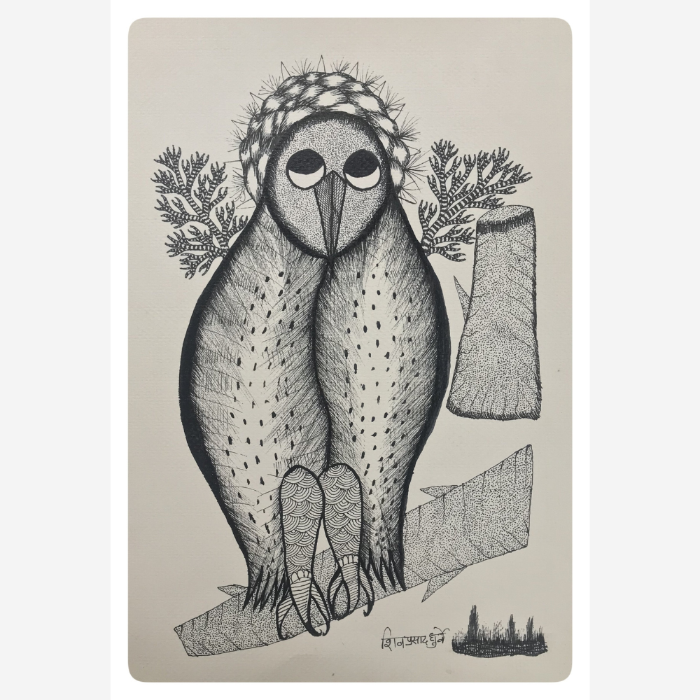 
                  
                    Traditional Gond Art Black & White Owl Painting
                  
                