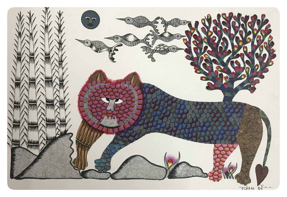 
                  
                    Traditional Gond Art Lion in Jungle Painting
                  
                