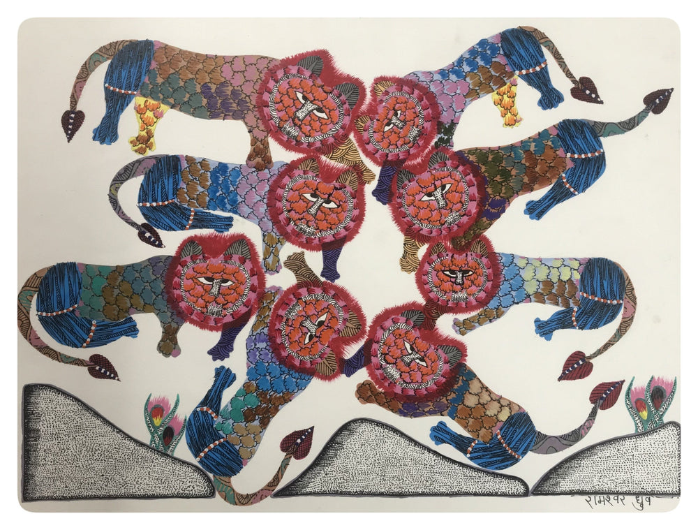 
                  
                    Traditional Gond Art Group of Lions Painting
                  
                