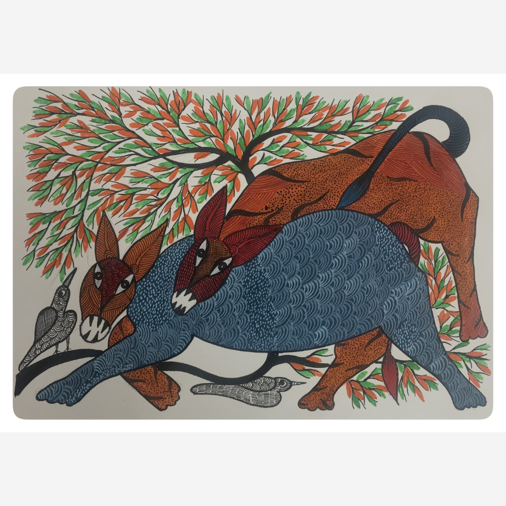 
                  
                    Traditional Gond Art Cuddling Animals Painting
                  
                