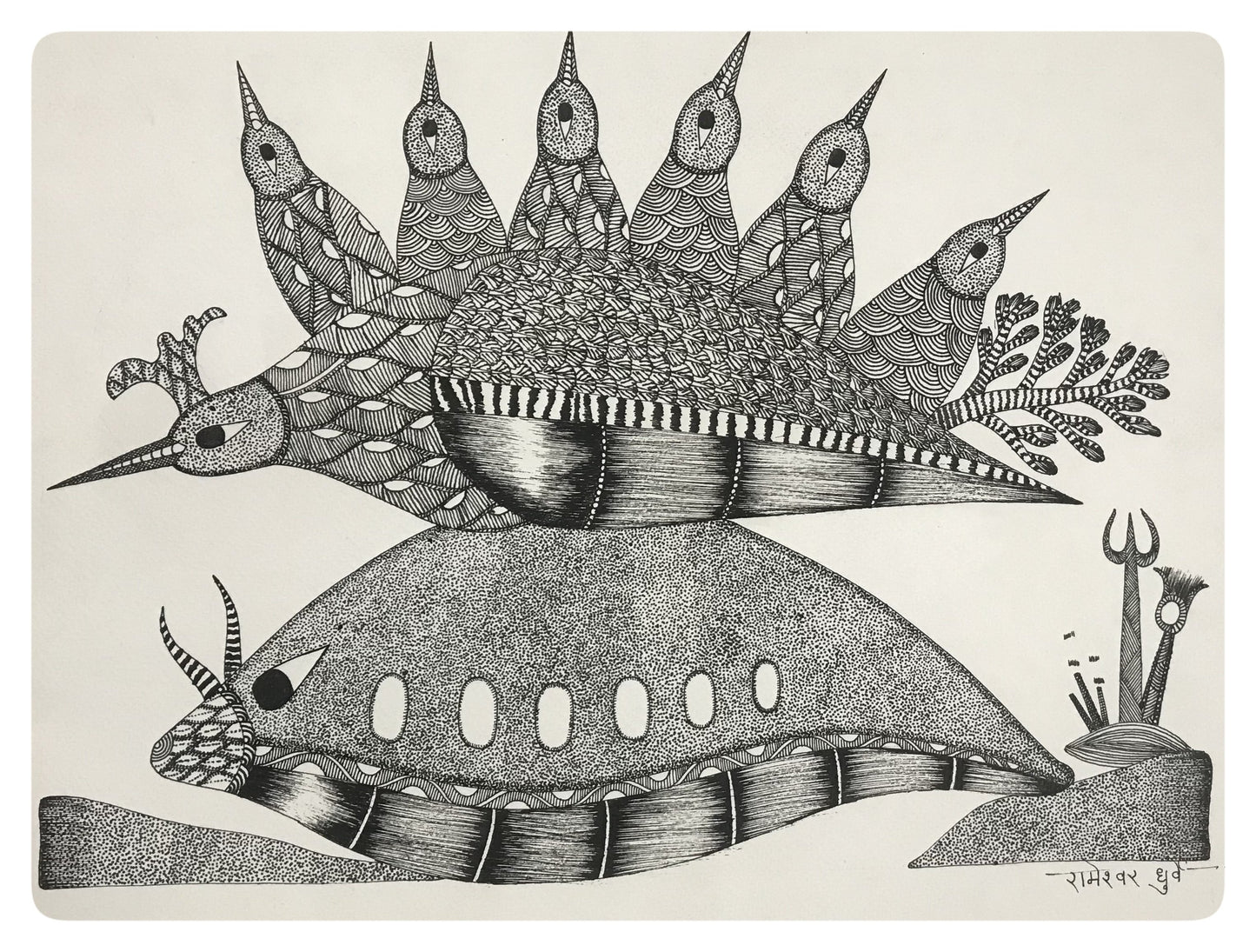 
                  
                    Traditional Gond Art Black & White Painting
                  
                