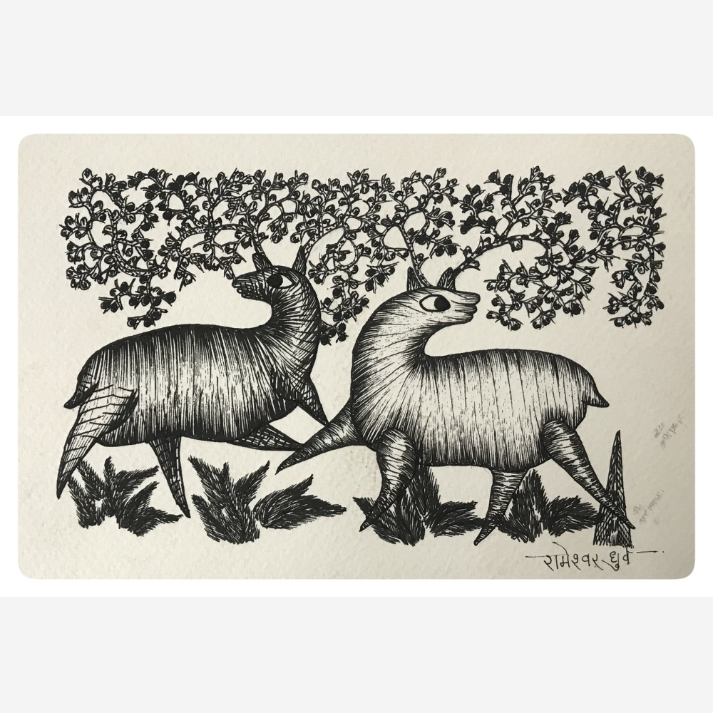 
                  
                    Traditional Gond Art Black & White Wild Animals Painting
                  
                