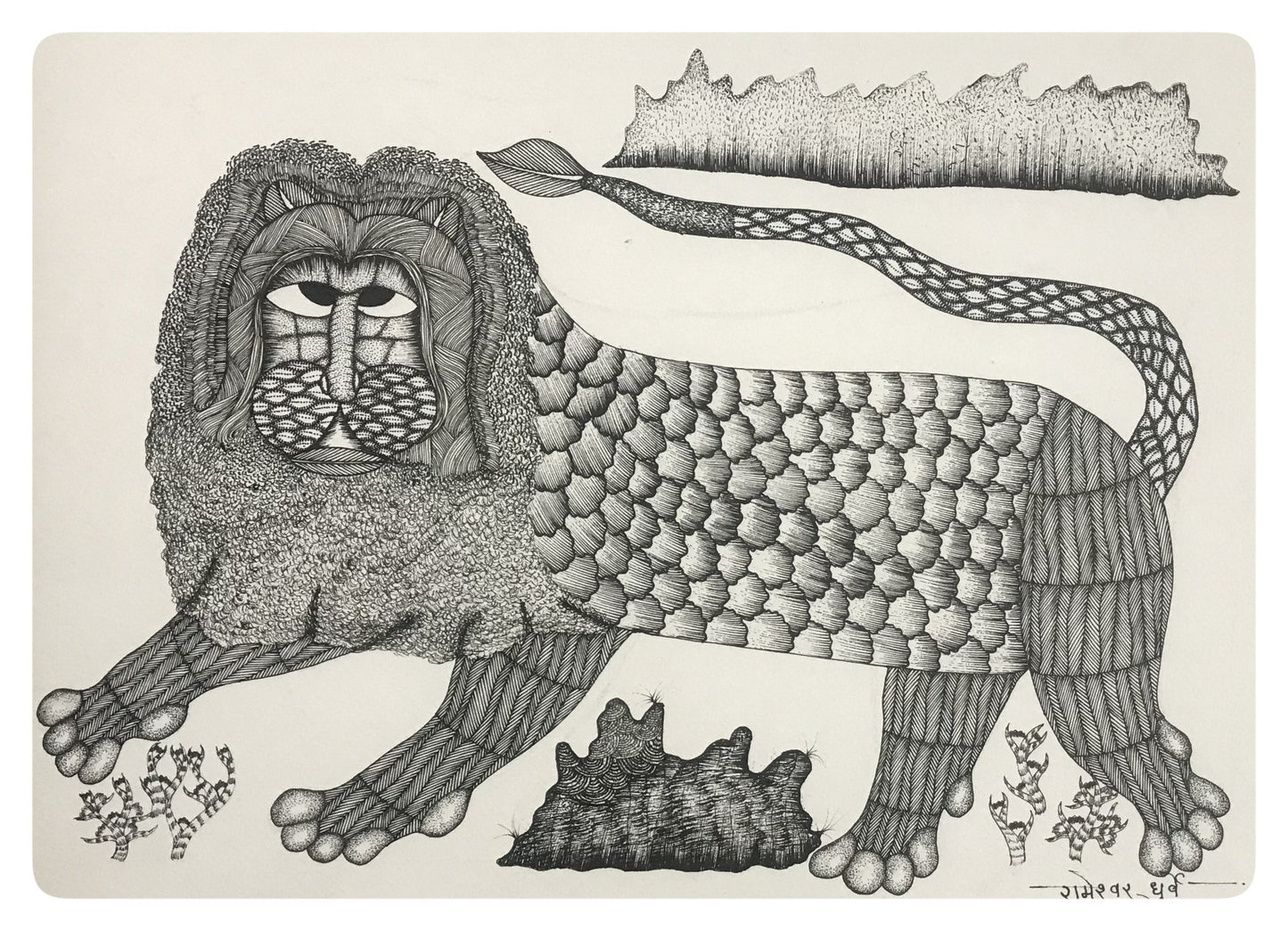 
                  
                    Traditional Gond Art Black & White Lion Painting
                  
                