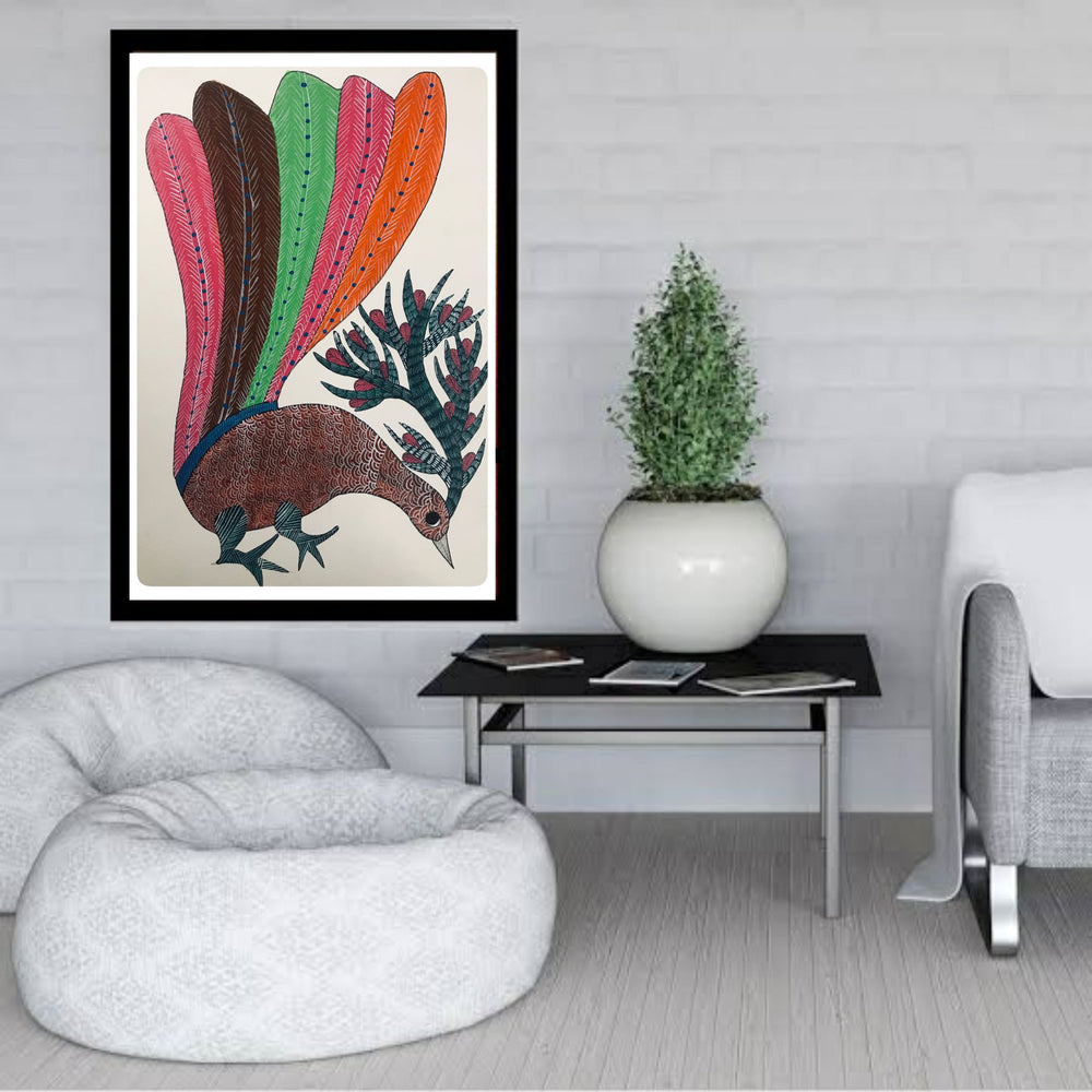 Traditional Gond Art Multicolour Peacock Painting