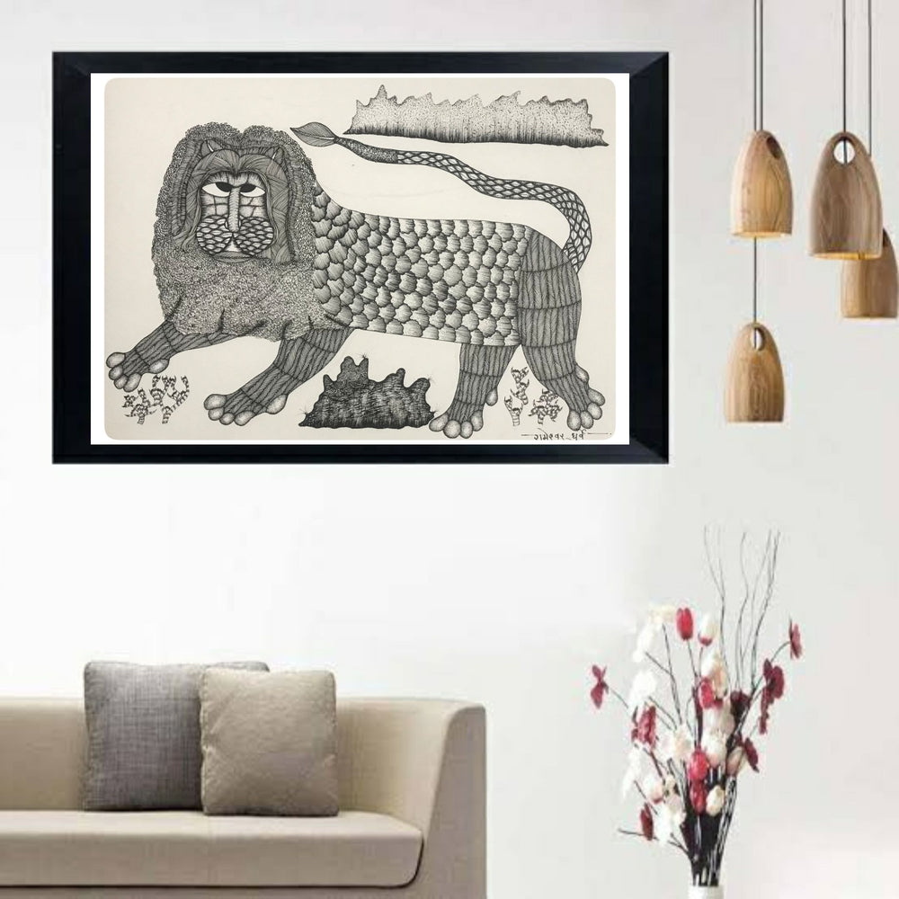 Traditional Gond Art Black & White Lion Painting