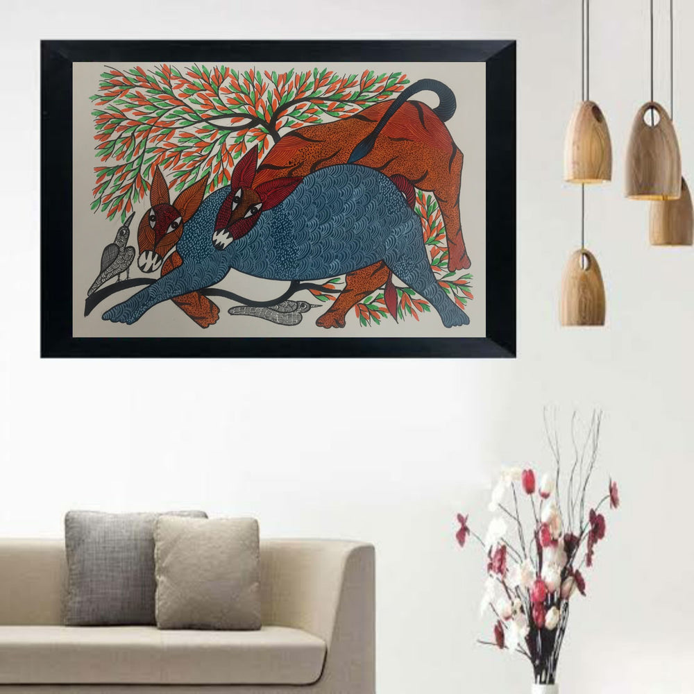 Traditional Gond Art Cuddling Animals Painting