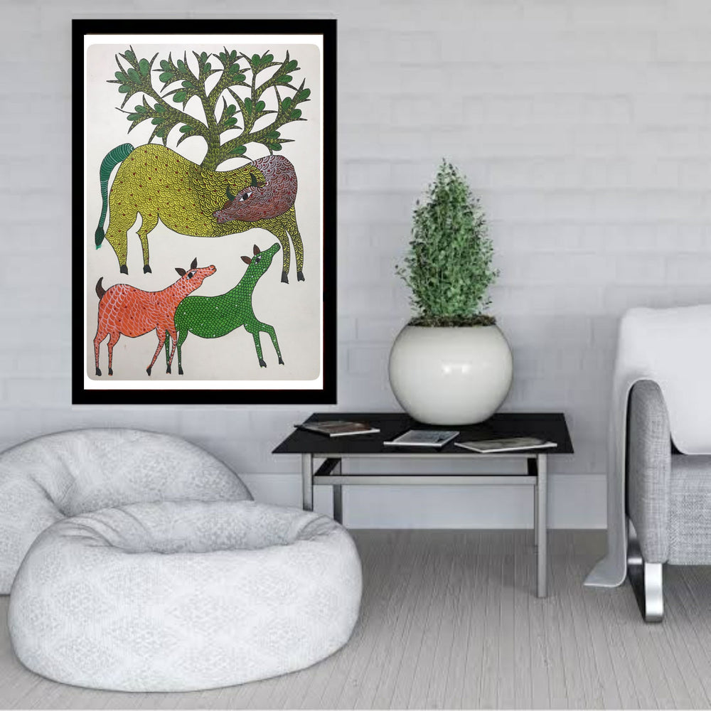 Traditional Gond Art Cow with Calves Painting