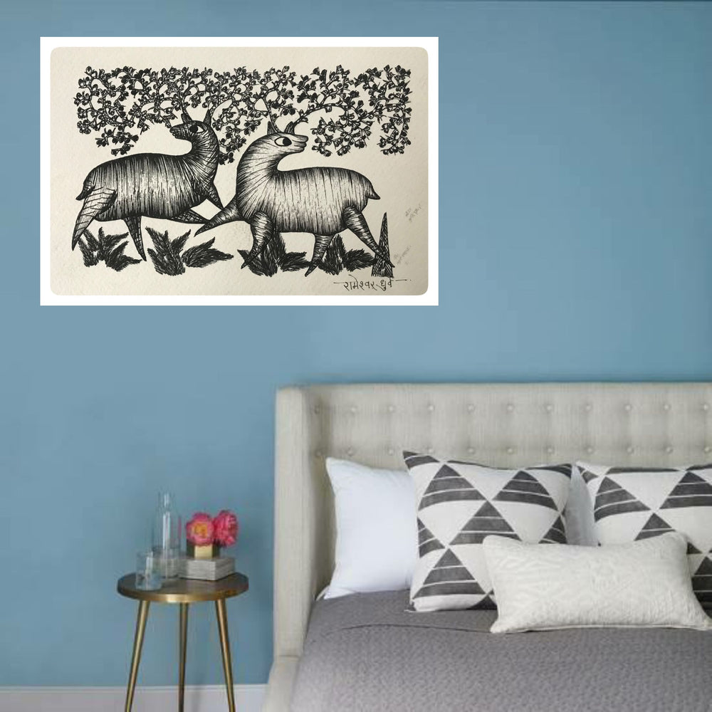 Traditional Gond Art Black & White Wild Animals Painting