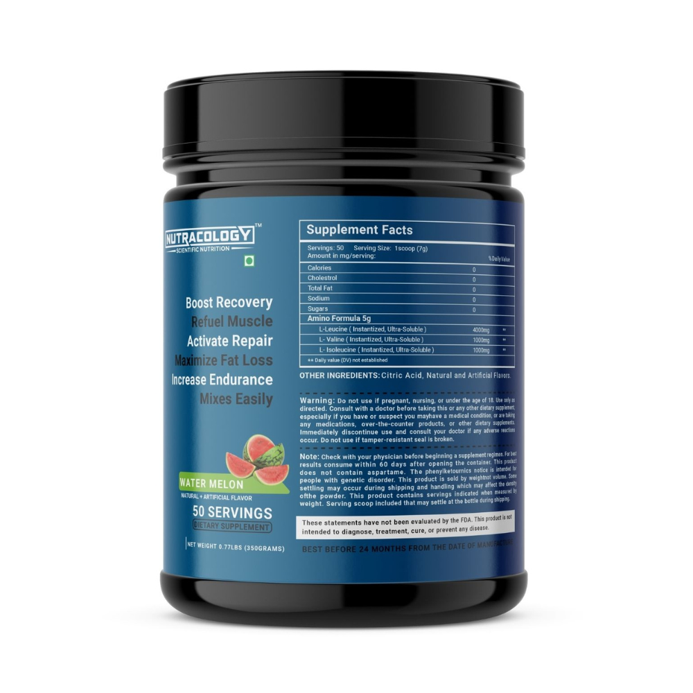 
                  
                    Nutracology Amino Purge BCAA Supplement with 4:1:1 Ratio Leucine, Isoleucine & Valine For Recovery & Performance Boost - 300g (Watermelon Flavour)
                  
                