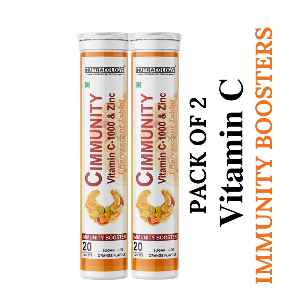 Nutracology Cimmunity Vitamin C 1000mg Effervescent Tablet for Glowing Skin, Immunity Booster - 20 Tablets - Pack of 2 (Orange Flavour)