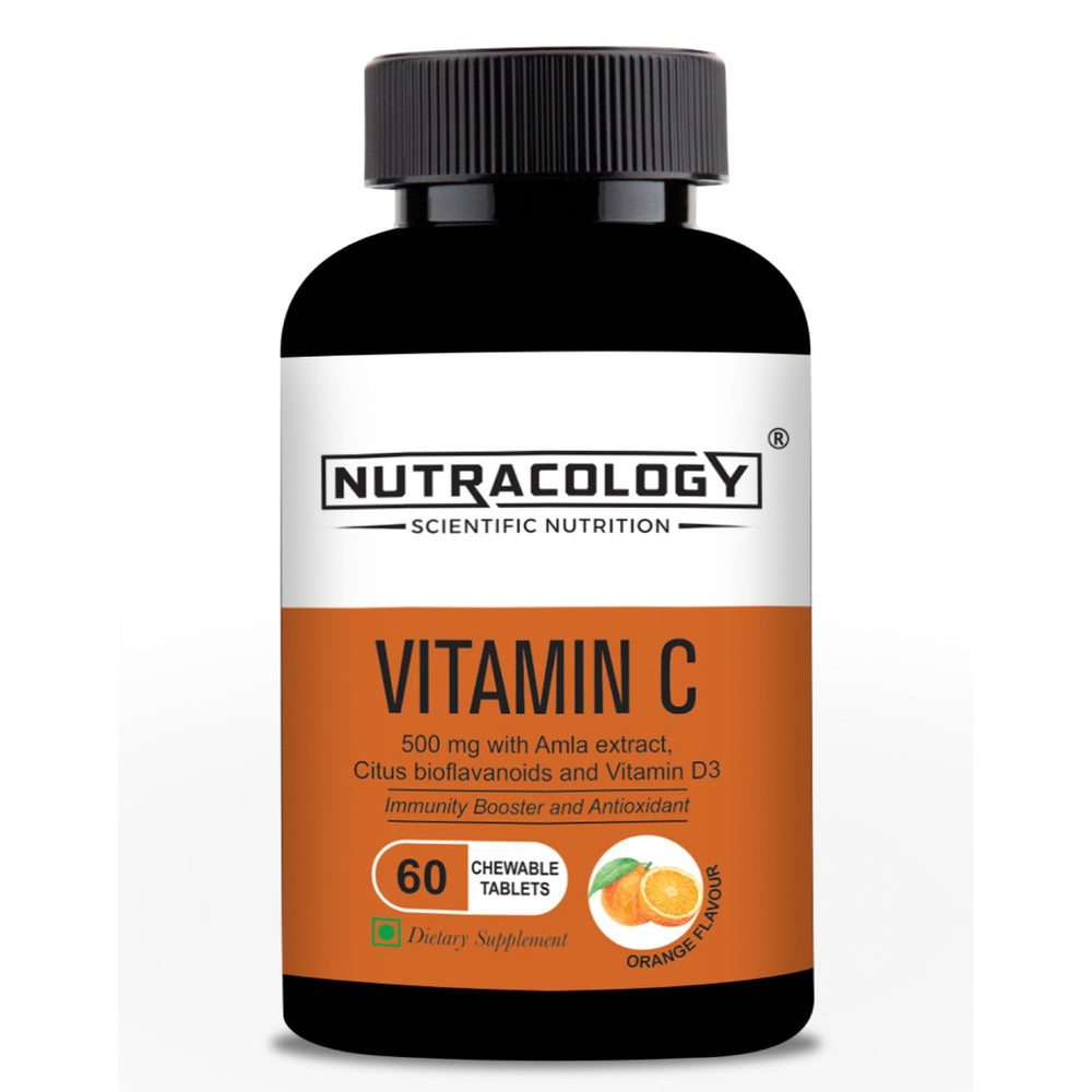Nutracology Vitamin C Chewable Tablets 500mg Immunity Booster, Glowing Skin Orange Flavour (60 Tablets)