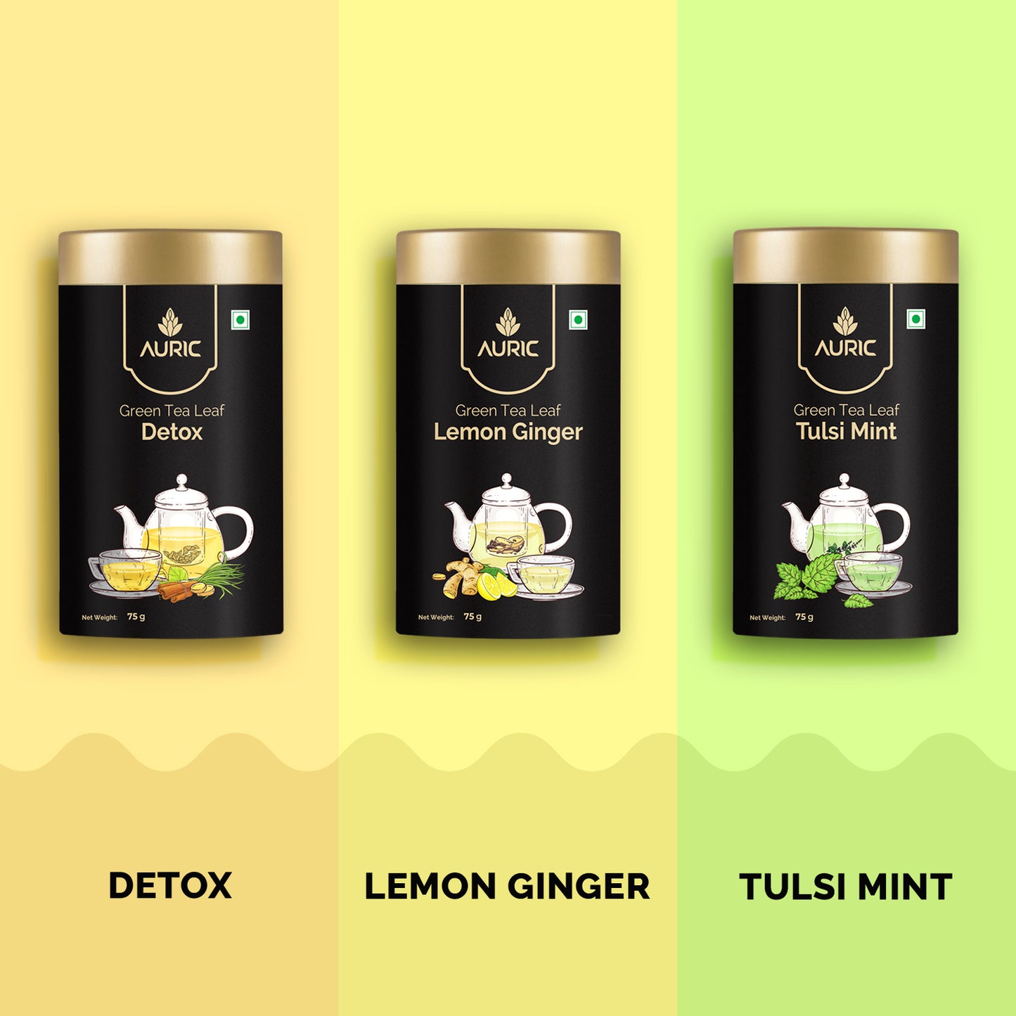 
                  
                    Auric Green Tea - Lemon Ginger, Tulsi Mint and Detox Combo (225g)
                  
                