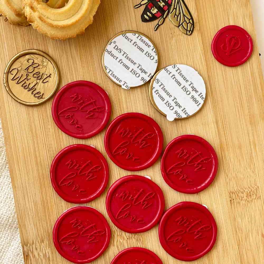 Custom-Made Self Adhesive Wax Buttons - With Love - Red (Set of 12)